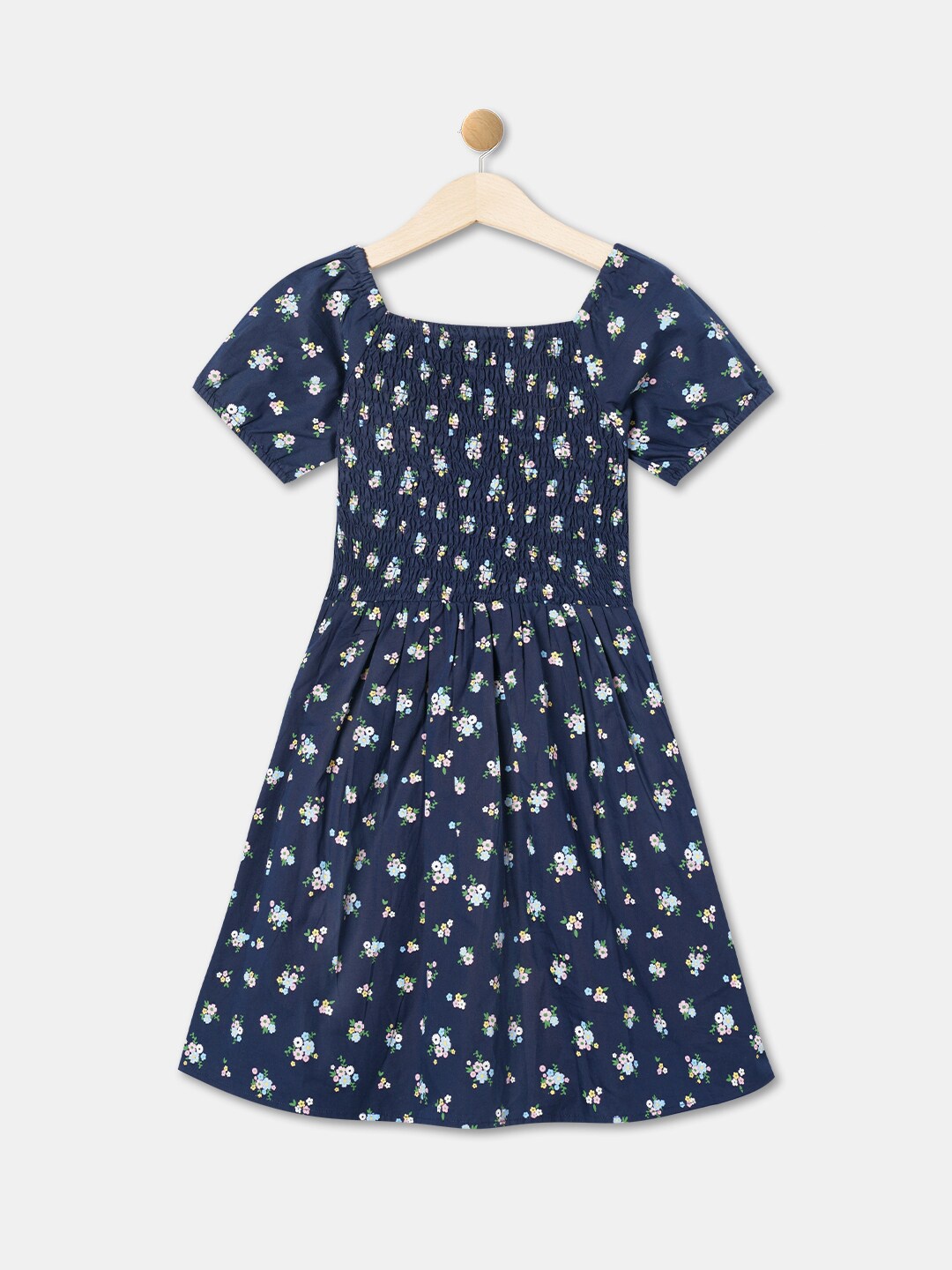 

R&B Girls Square Neck Floral Printed Smocked Maxi Fit And Flare Dress, Blue