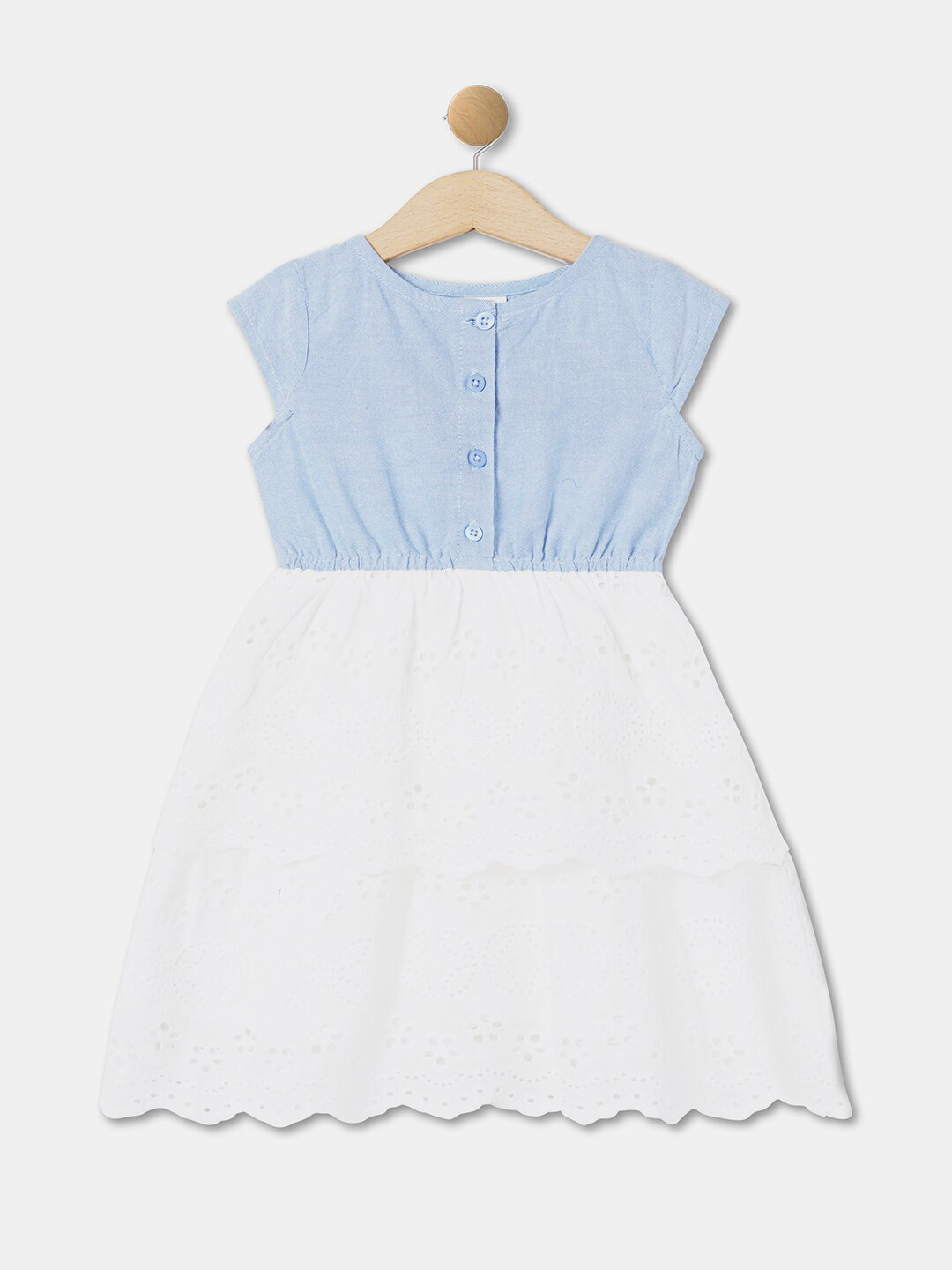 

R&B Girls Round Neck Layered Schiffli Cotton A-Line Dress, White