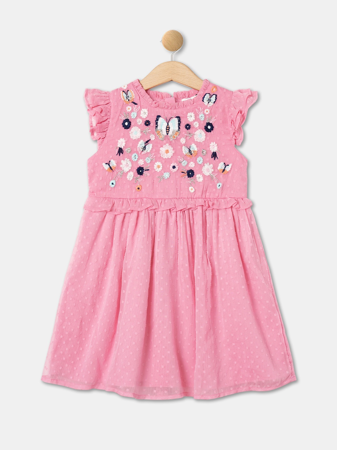 

R&B Infant Girls Round Neck Floral Embroidered Ruffles Cotton Fit & Flare Dress, Pink