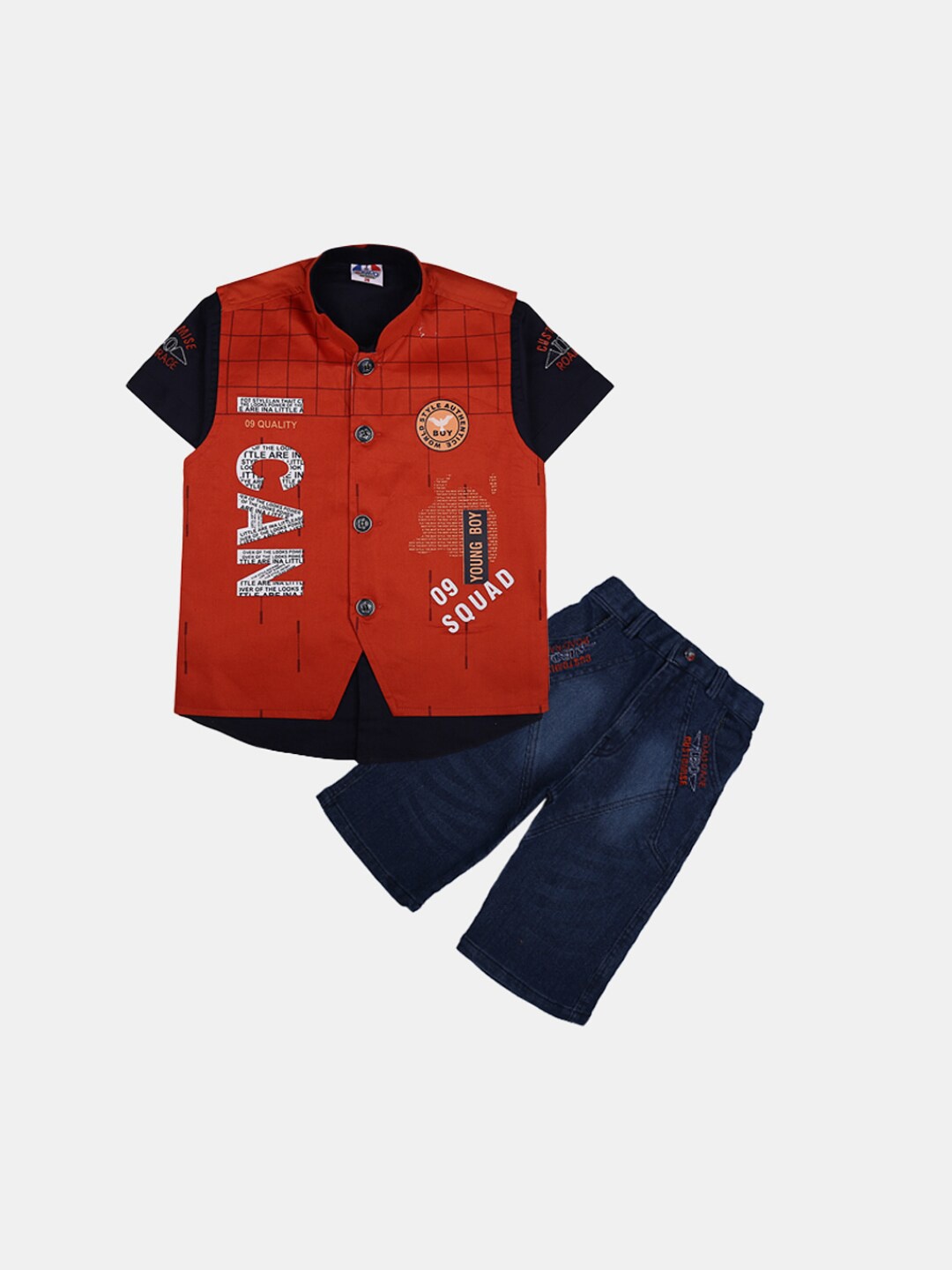 

V-Mart Boys Printed Spread Collar T-shirt Baba Suit, Blue