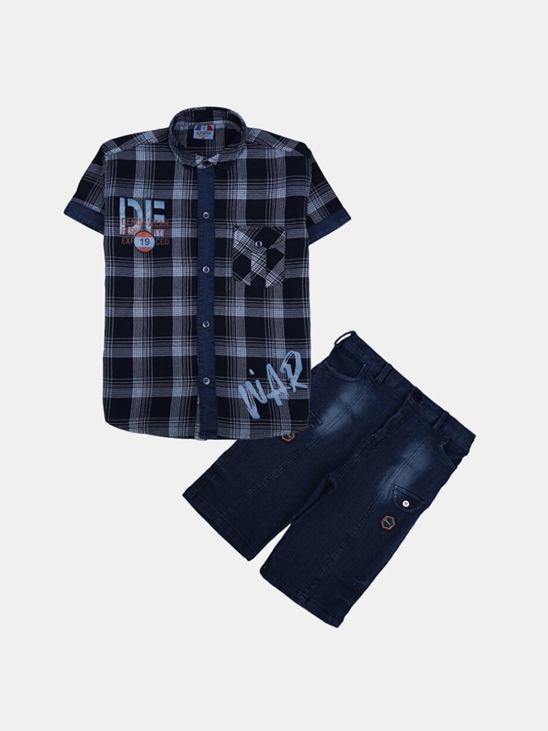 

V-Mart Boys Checked Cotton Shirt with Shorts, Blue