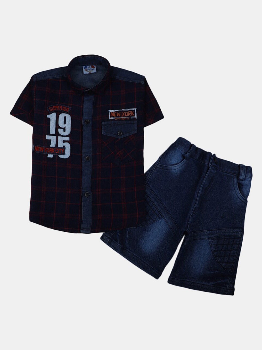 

V-Mart Boys Printed Woven-Denim Spread Collar T-shirt With Shorts, Blue