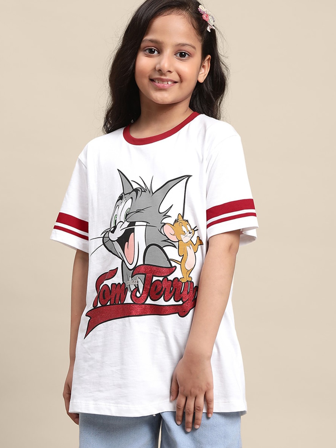 

Kids Ville Girls Tom & Jerry-Printed Cotton T-Shirt, White