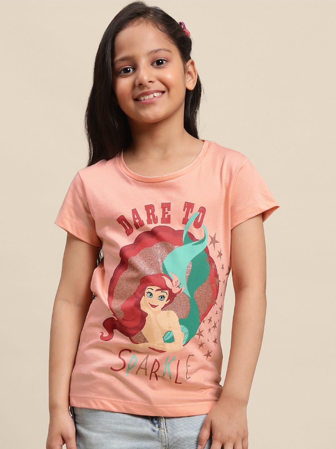 

Kids Ville Girls Disney Princess Printed Round Neck Cotton T-shirt, Peach