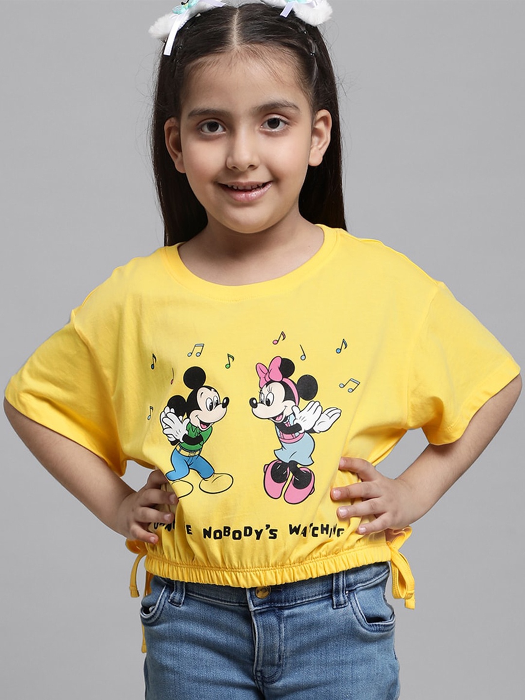 

Kids Ville Girls Mickey & Minnie-Printed Side Tie-ups Cotton T-Shirt, Yellow