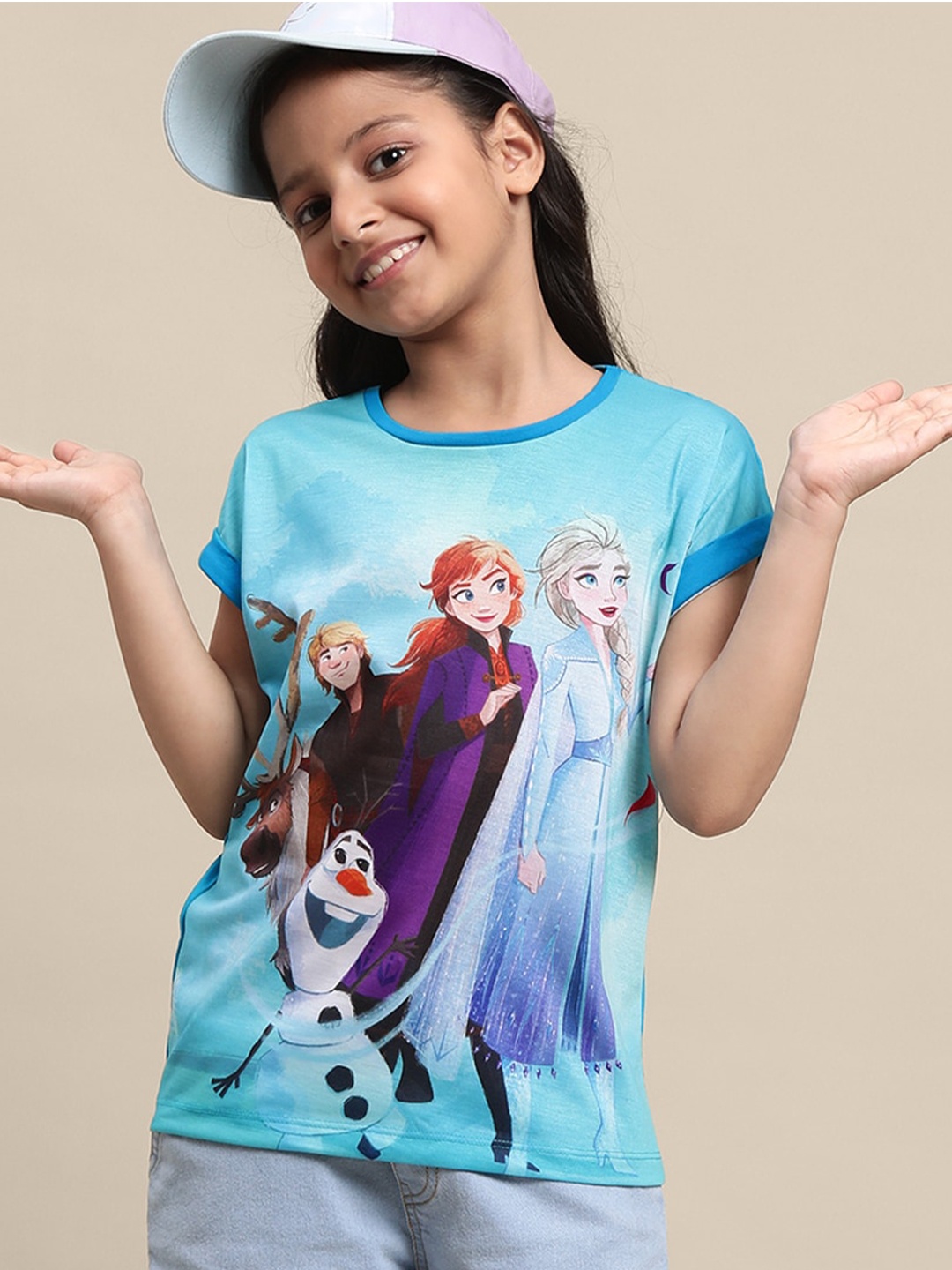 

Kids Ville Girls Frozen Printed Extended Sleeves Cotton T-Shirt, Blue