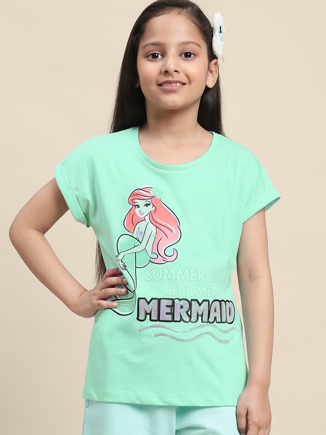 

Kids Ville Girls Mermaid Printed Extended Sleeves Cotton T-shirt, Green