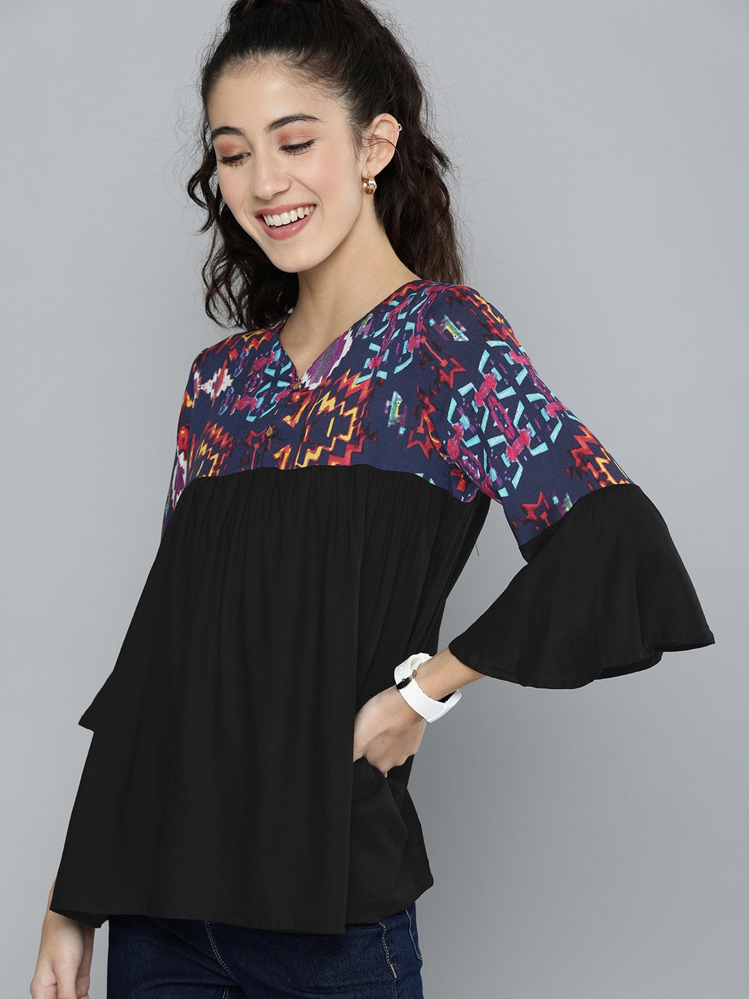 

HERE&NOW Black Abstract Printed Bell Sleeves A-Line Top