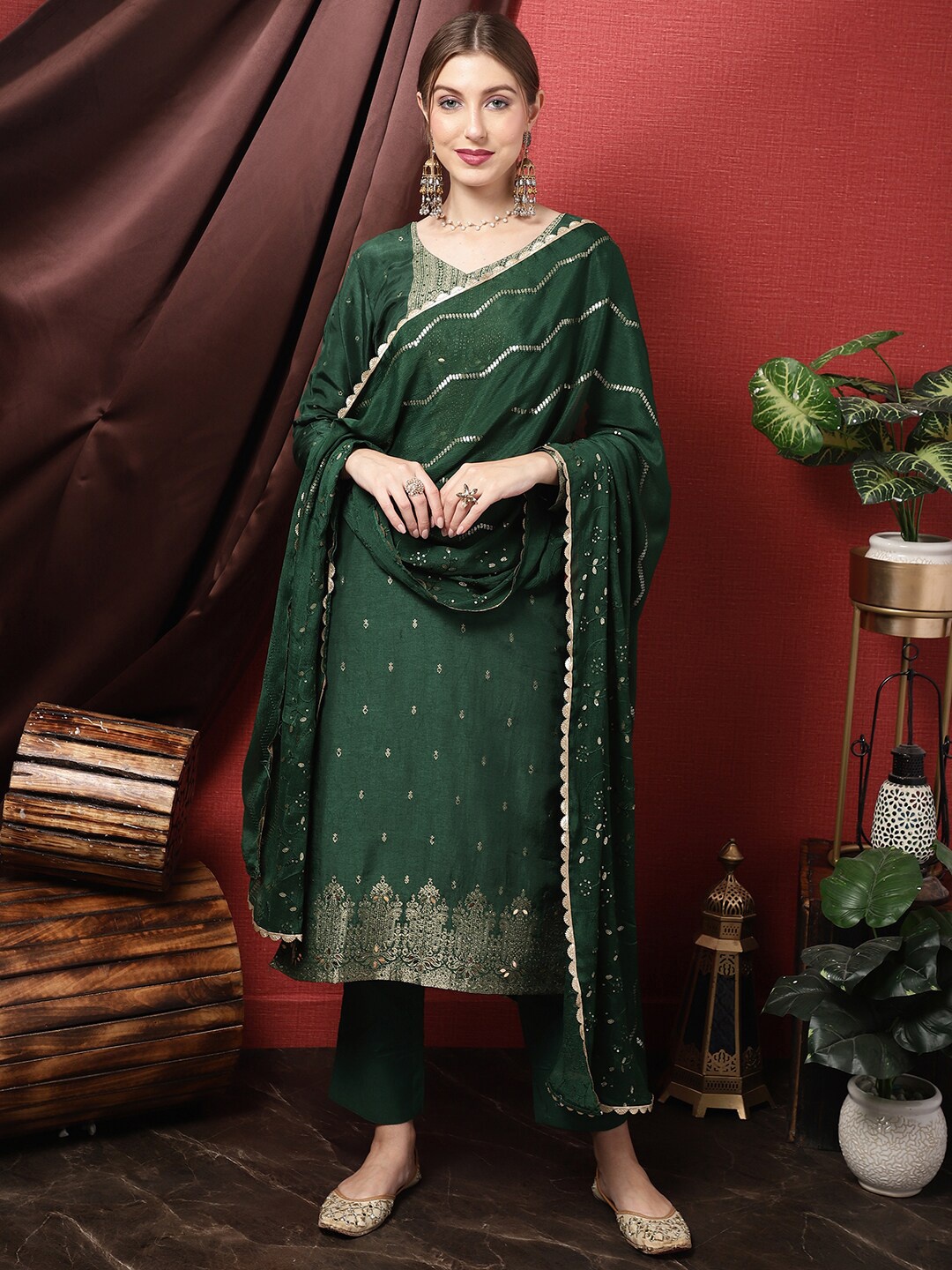 

Stylee LIFESTYLE Embroidered Pure Silk Unstitched Dress Material, Green