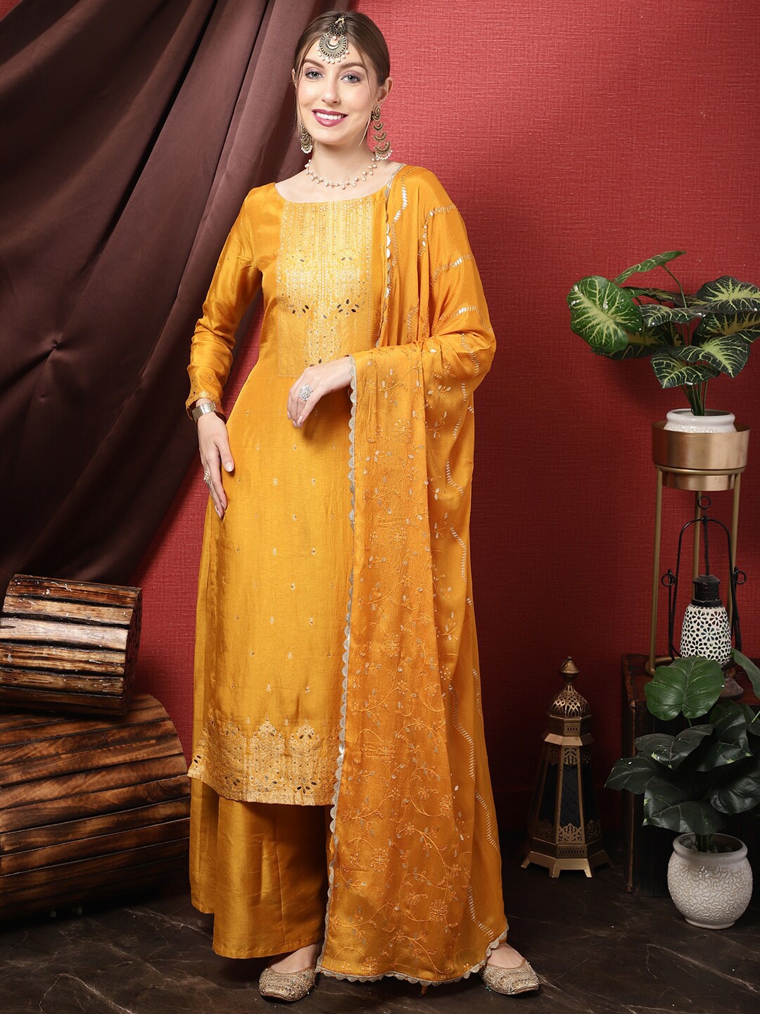 

Stylee LIFESTYLE Embroidered Pure Silk Unstitched Dress Material, Mustard