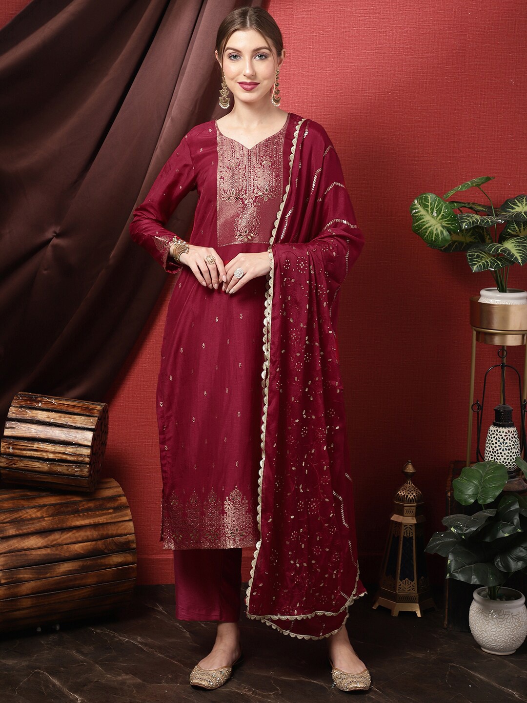 

Stylee LIFESTYLE Embroidered Pure Silk Unstitched Dress Material, Maroon