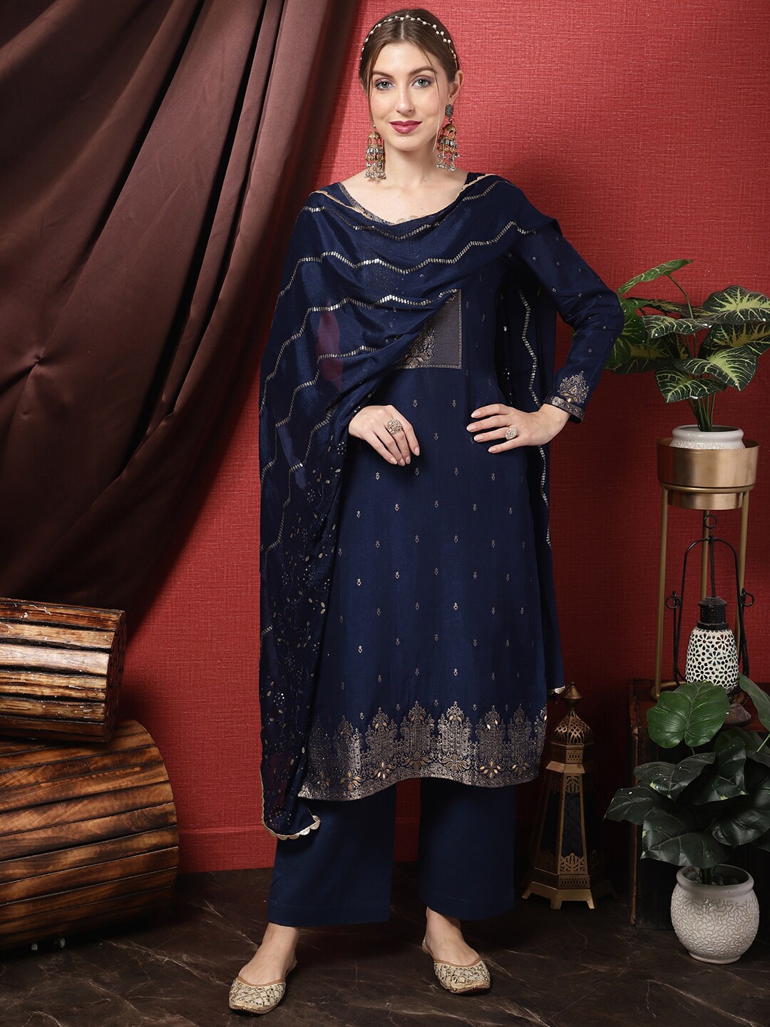 

Stylee LIFESTYLE Embroidered Pure Silk Unstitched Dress Material, Navy blue