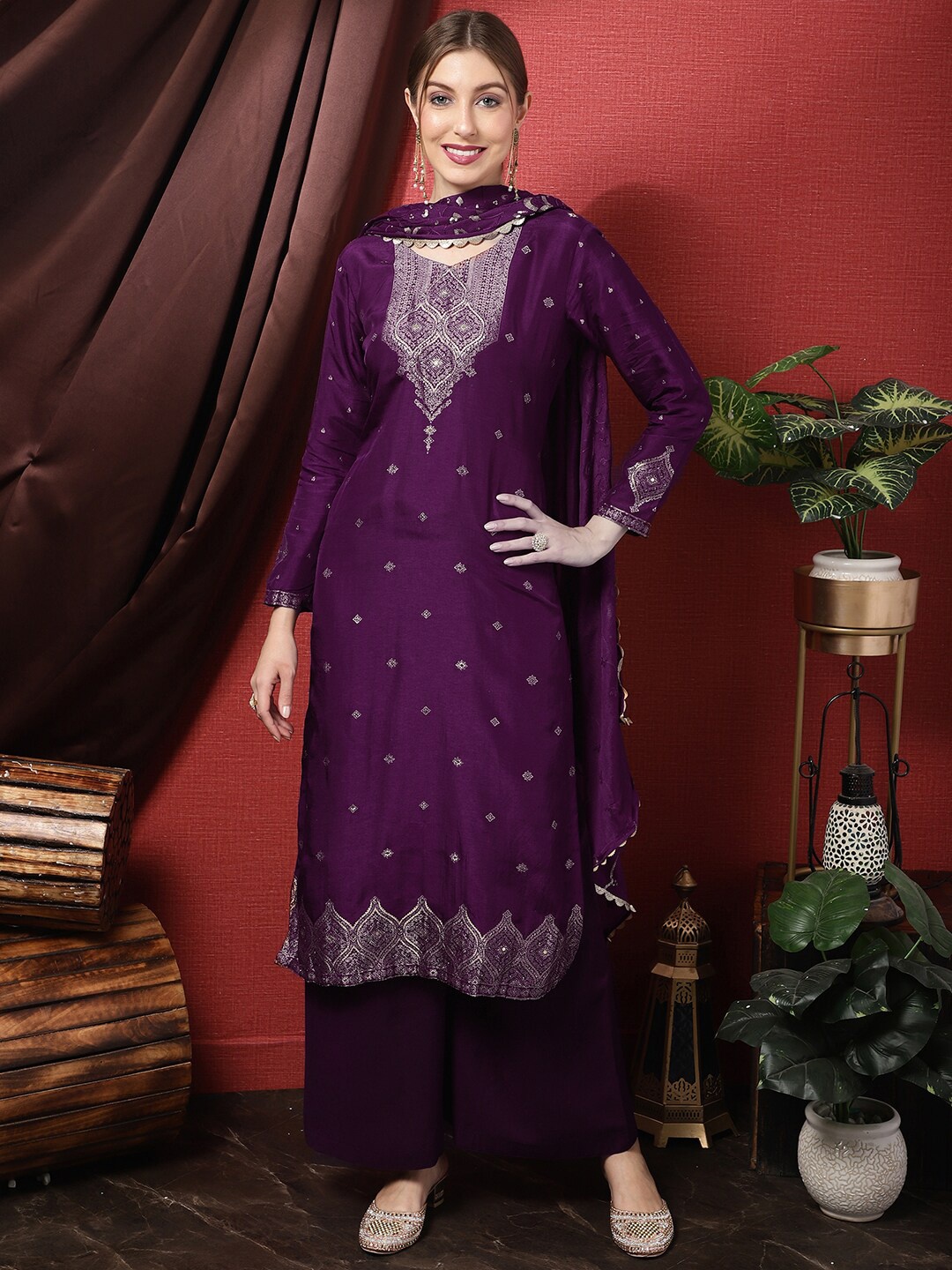 

Stylee LIFESTYLE Embroidered Pure Silk Unstitched Dress Material, Purple