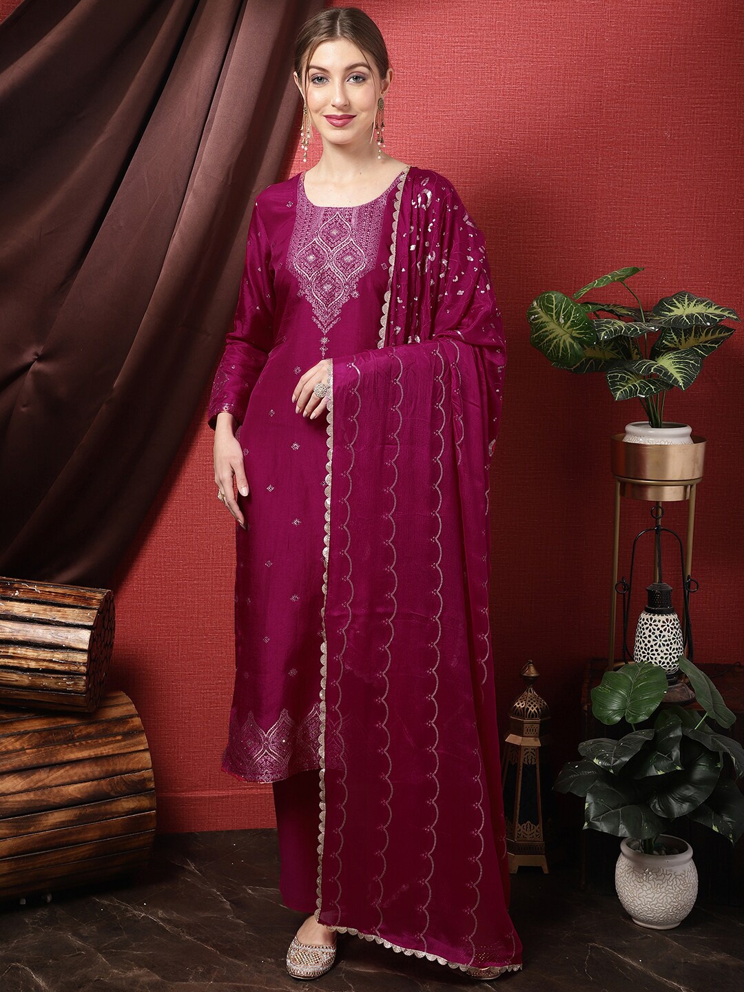 

Stylee LIFESTYLE Embroidered Pure Silk Unstitched Dress Material, Magenta
