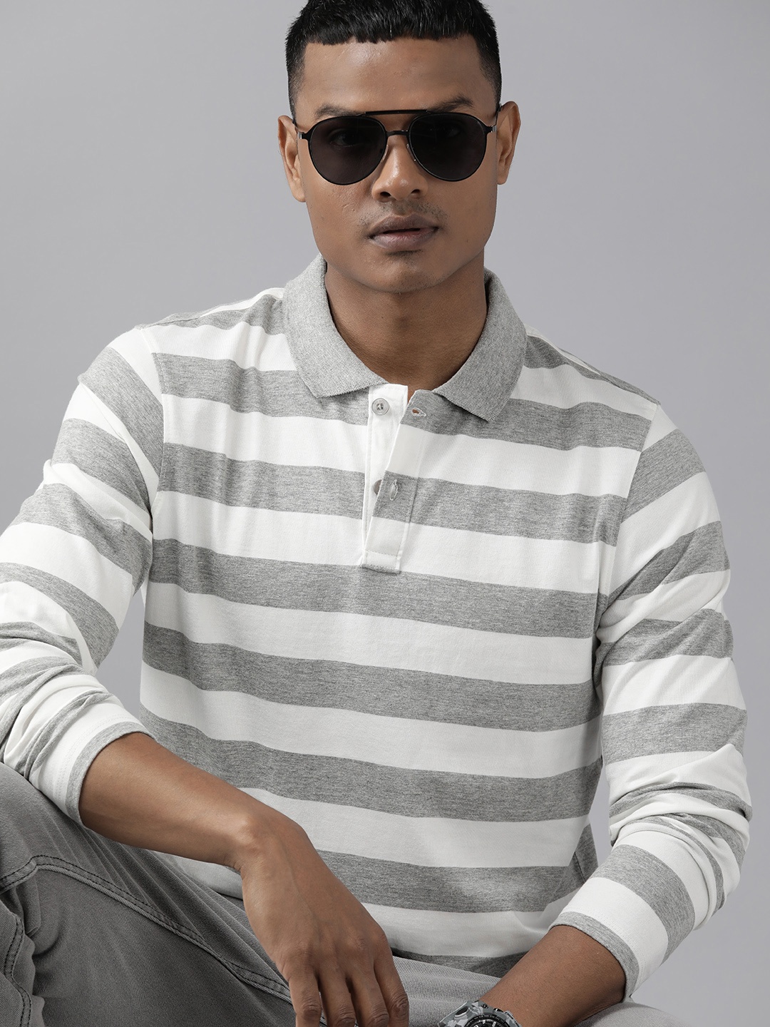 

Roadster Men Striped Polo Collar T-shirt, Grey