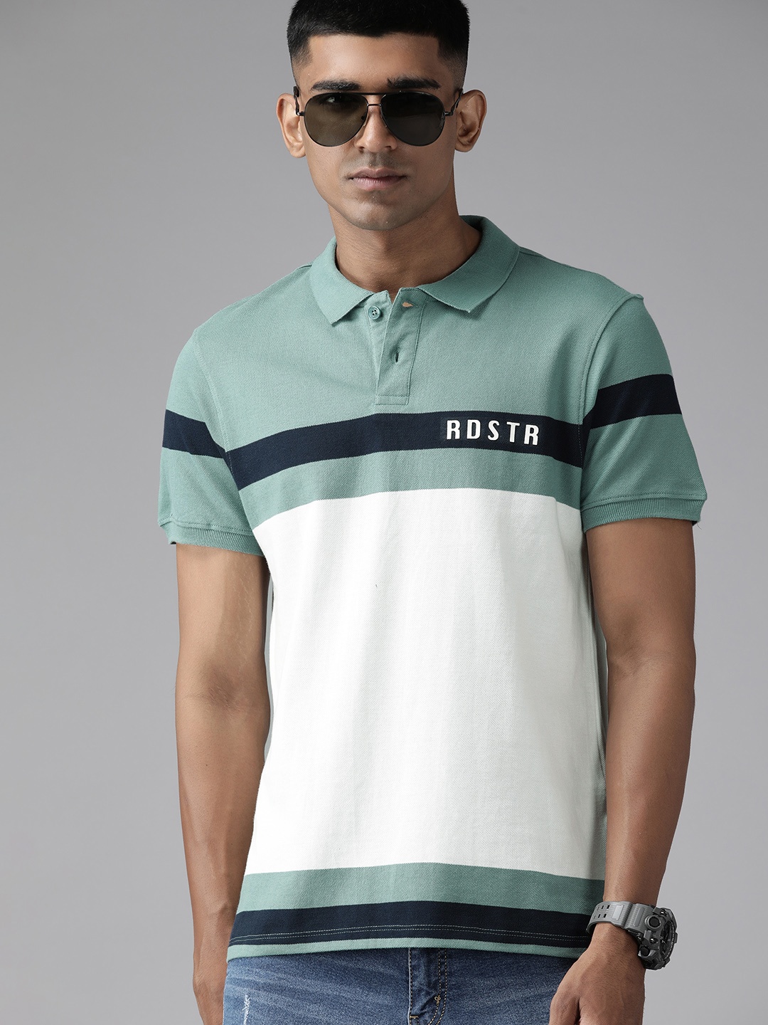 

Roadster Men Colourblocked Polo Collar T-shirt, Blue
