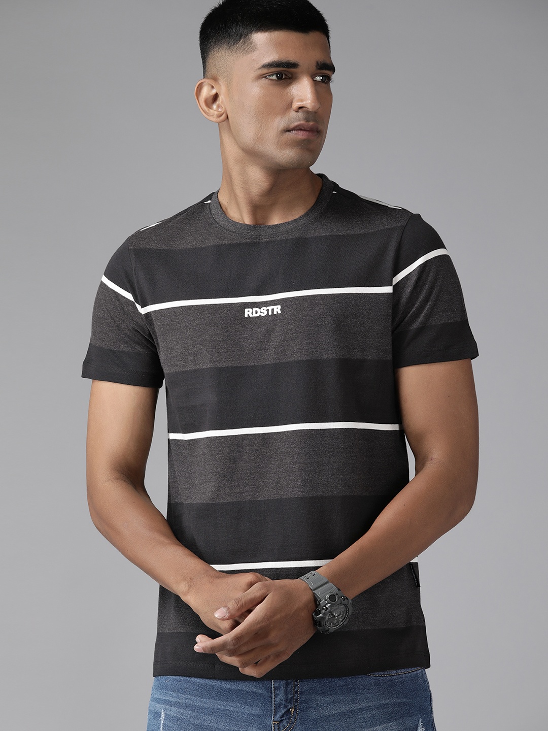 

Roadster Men Regular Fit Striped T-shirt, Grey melange