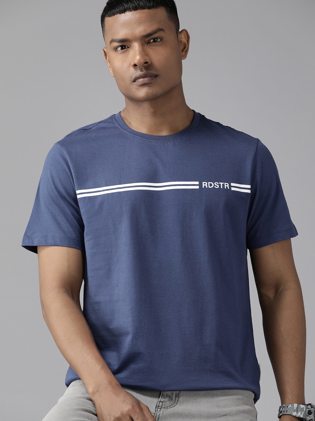 

Roadster Men Brand Logo Printed Pure Cotton T-shirt, Blue