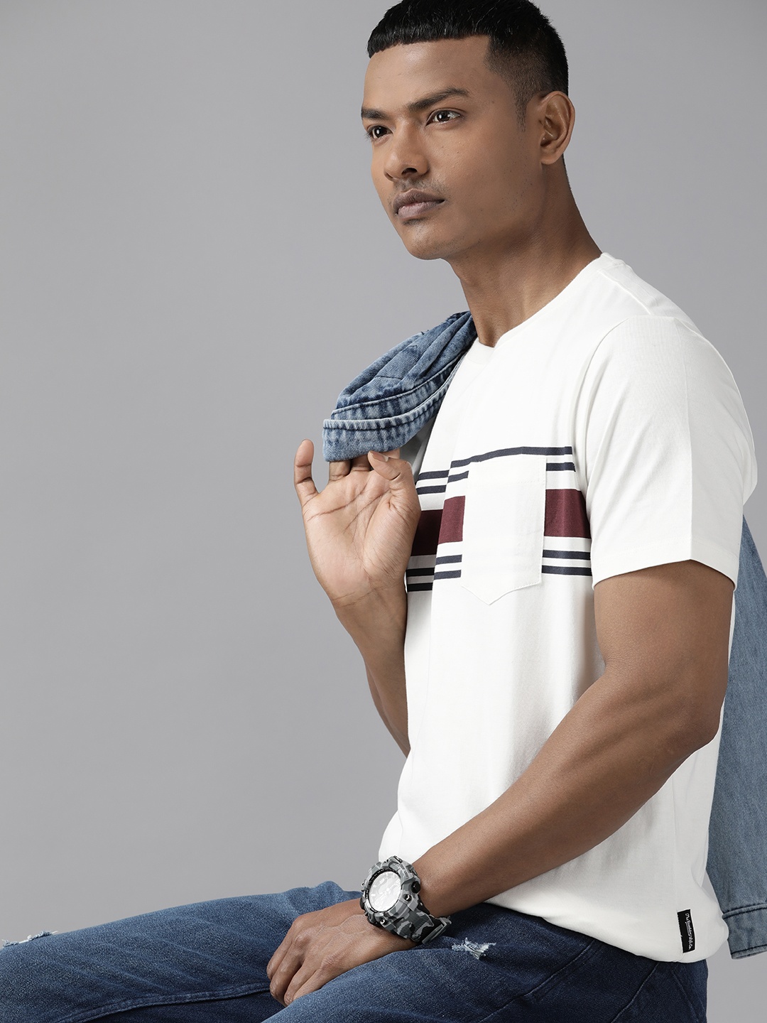 

Roadster Striped Pure Cotton Pockets T-shirt, White