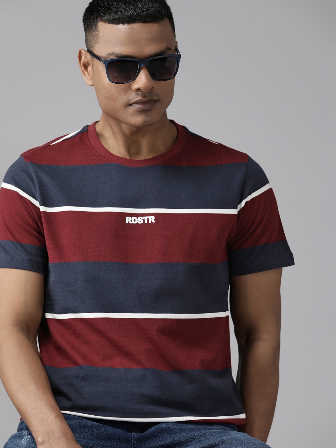 

Roadster Striped Pure Cotton T-shirt, Maroon