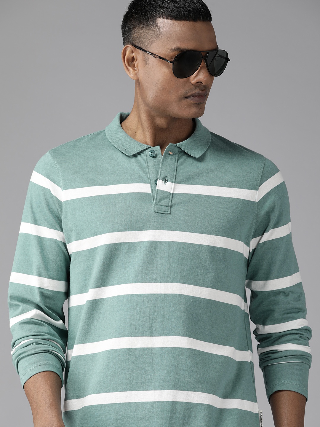 

Roadster Men Striped Polo Collar Pure Cotton T-shirt, Blue