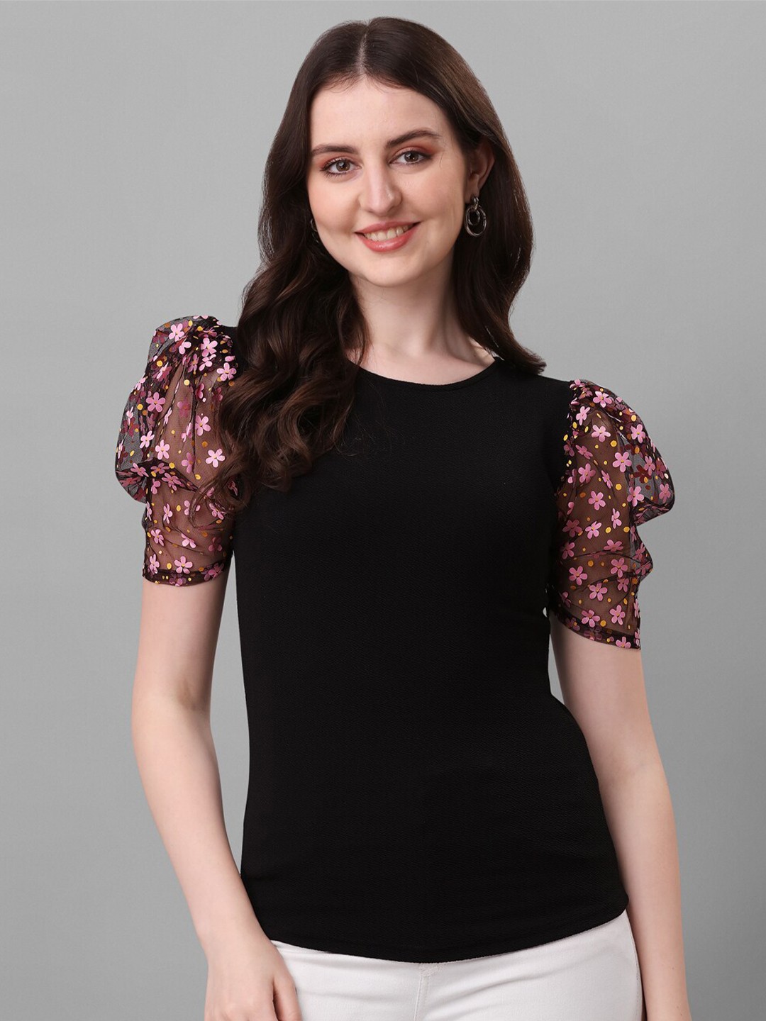 

SHEETAL Associates Ruched Puff Sleeves Regular Top, Black