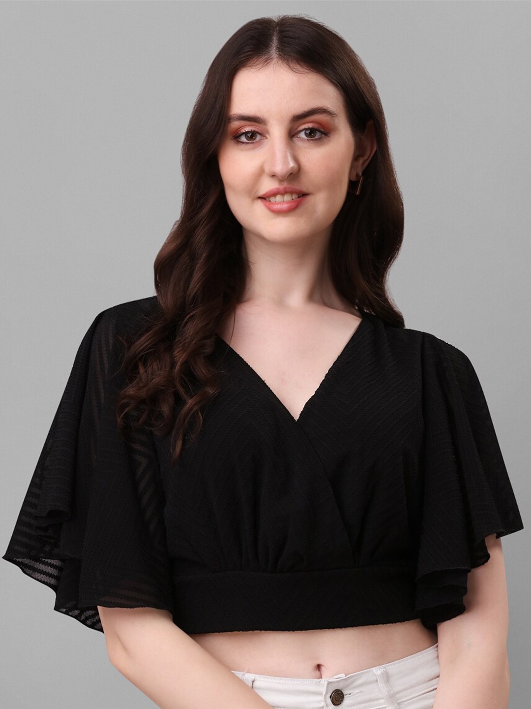 

SHEETAL Associates Batwing Sleeves Georgette Wrap Crop Top, Black