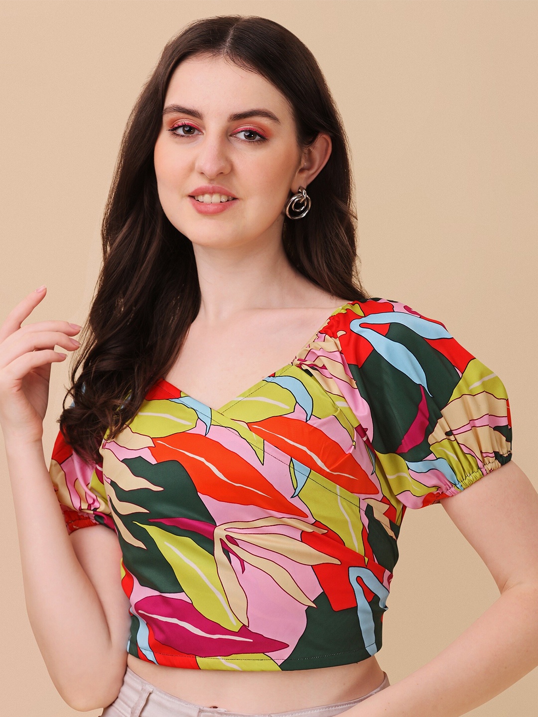 

SHEETAL Associates Floral Printed Puff Sleeves Wrap Crop Top, Orange