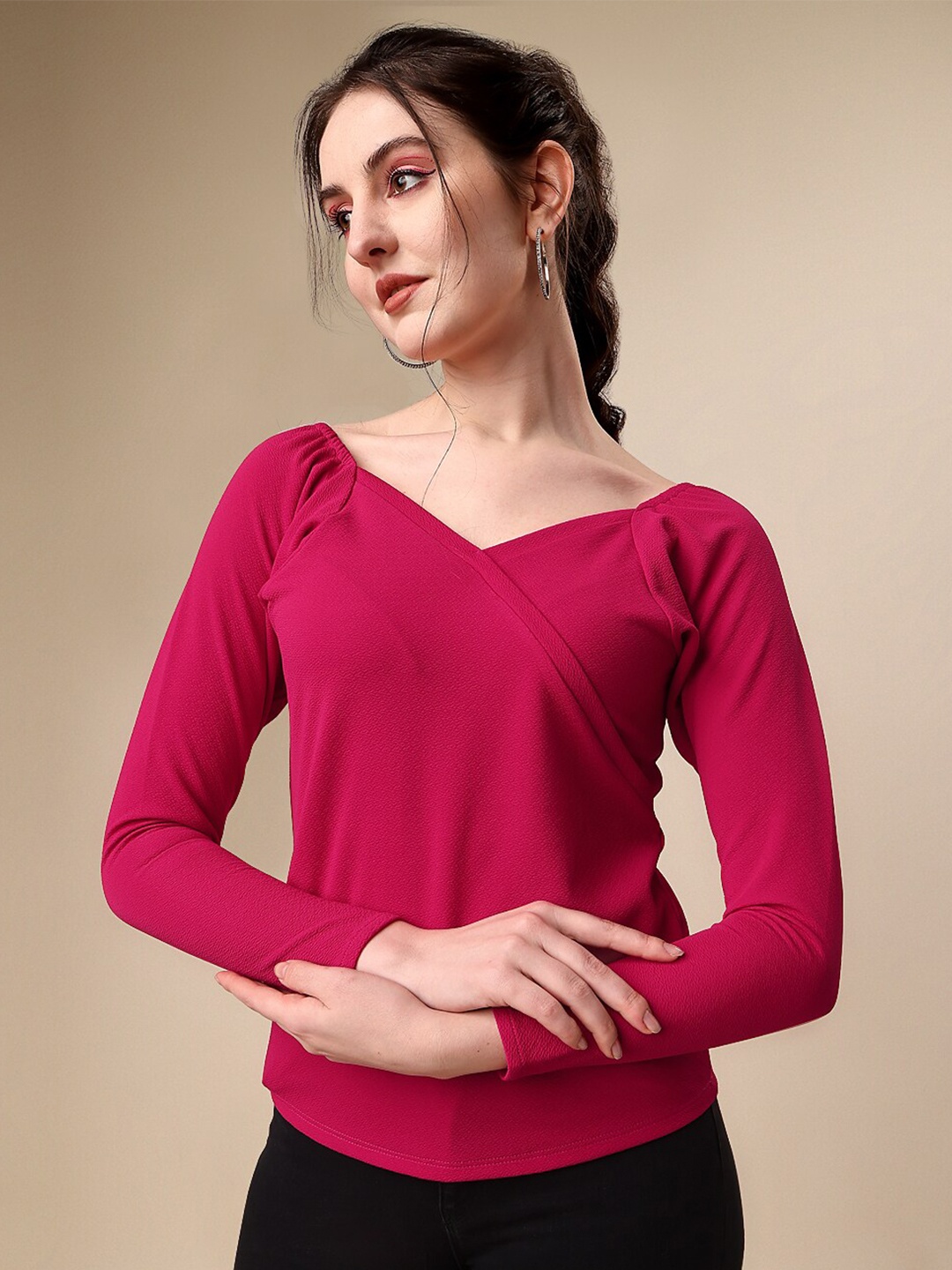 

SHEETAL Associates V-Neck Long Sleeves Wrap Top, Pink