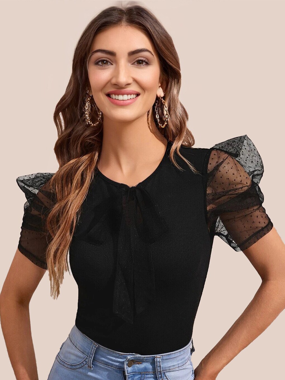 

SHEETAL Associates Puff Sleeves V-Neck Top, Black
