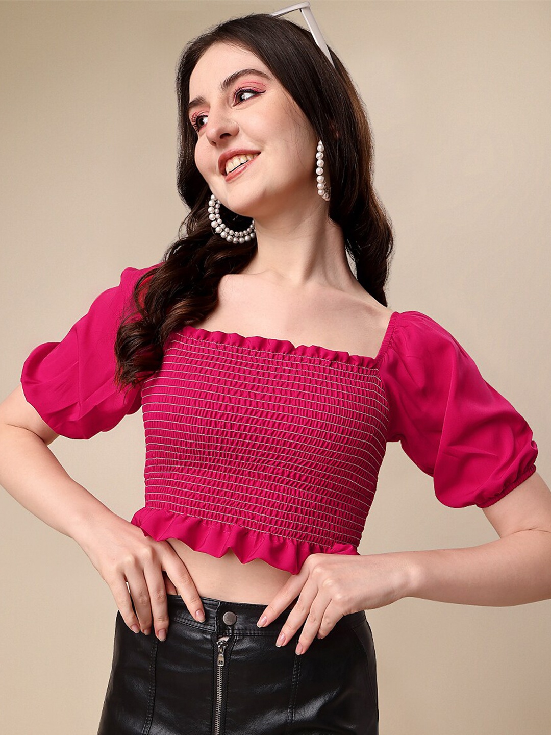 

SHEETAL Associates Smocked Square Neck Puff Sleeve Crop Top, Pink