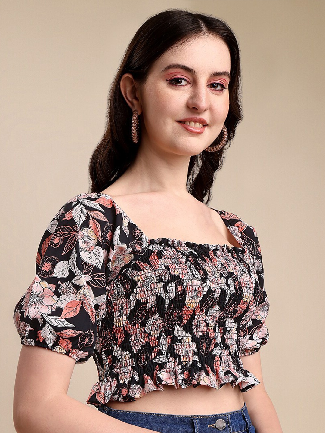 

SHEETAL Associates Tropical Printed Puff Sleeve Smocked Crop Top, Black