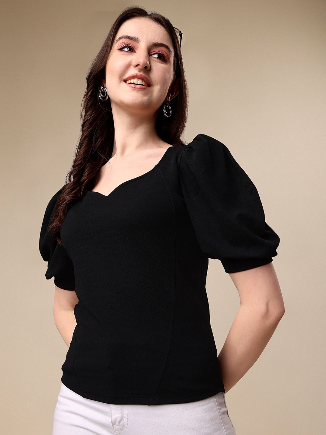 

SHEETAL Associates V-Neck Puff Sleeve Top, Black