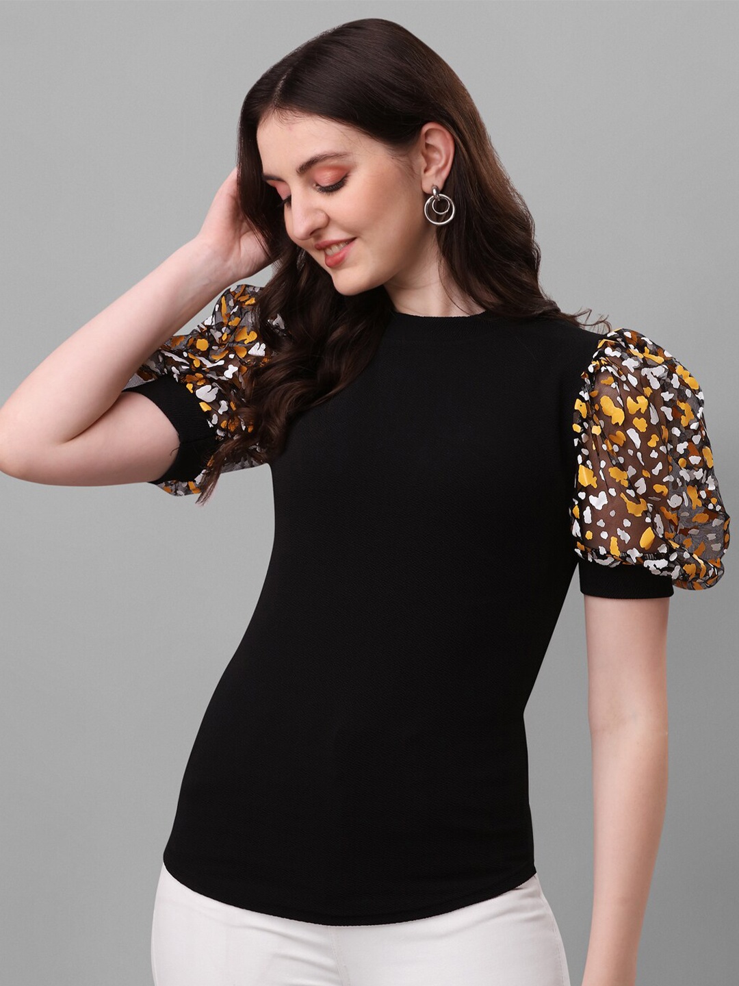 

SHEETAL Associates High Neck Puff Sleeve Top, Black