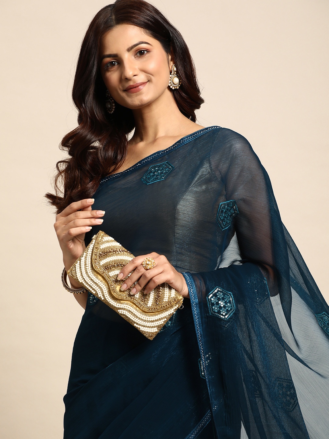 

HERE&NOW Embroidered Ethnic Motifs Sequinned Satin Saree, Blue