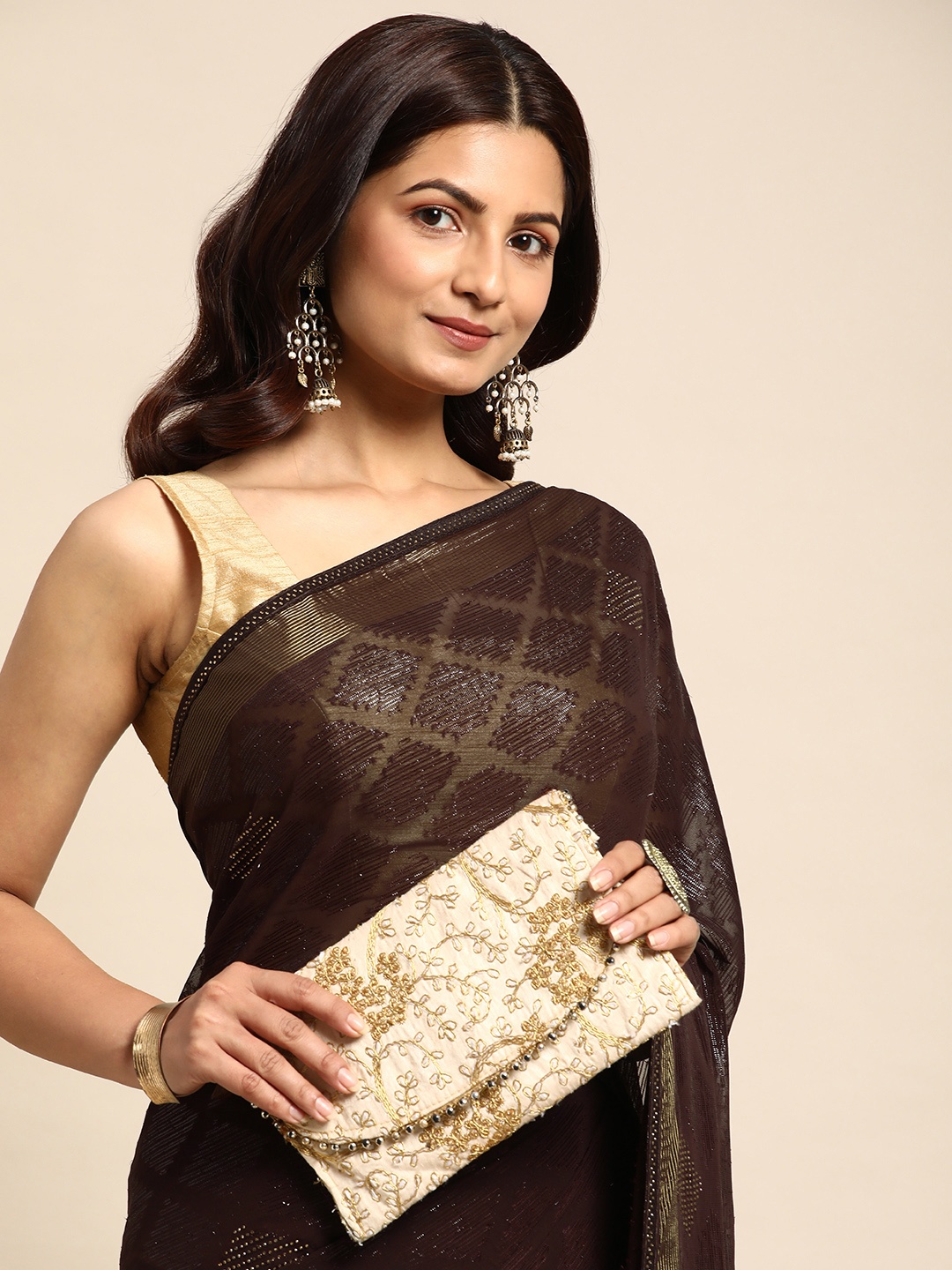 

HERE&NOW Embellished Zari Brasso Saree, Brown