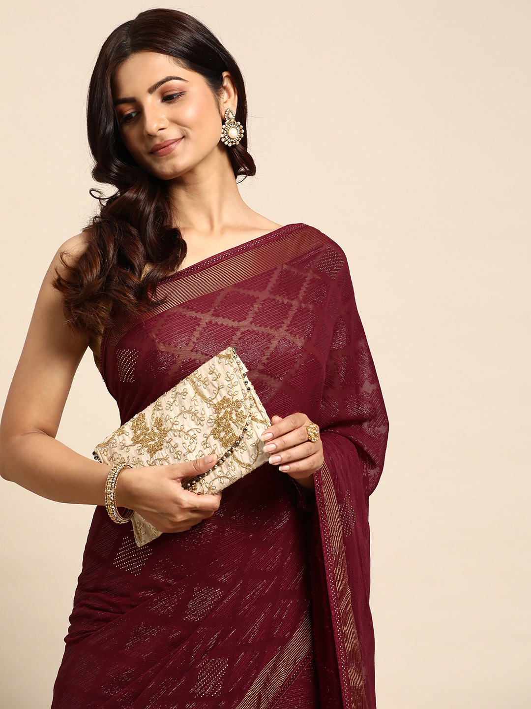 

HERE&NOW Embellished Beads & Stones Brasso Saree, Coral