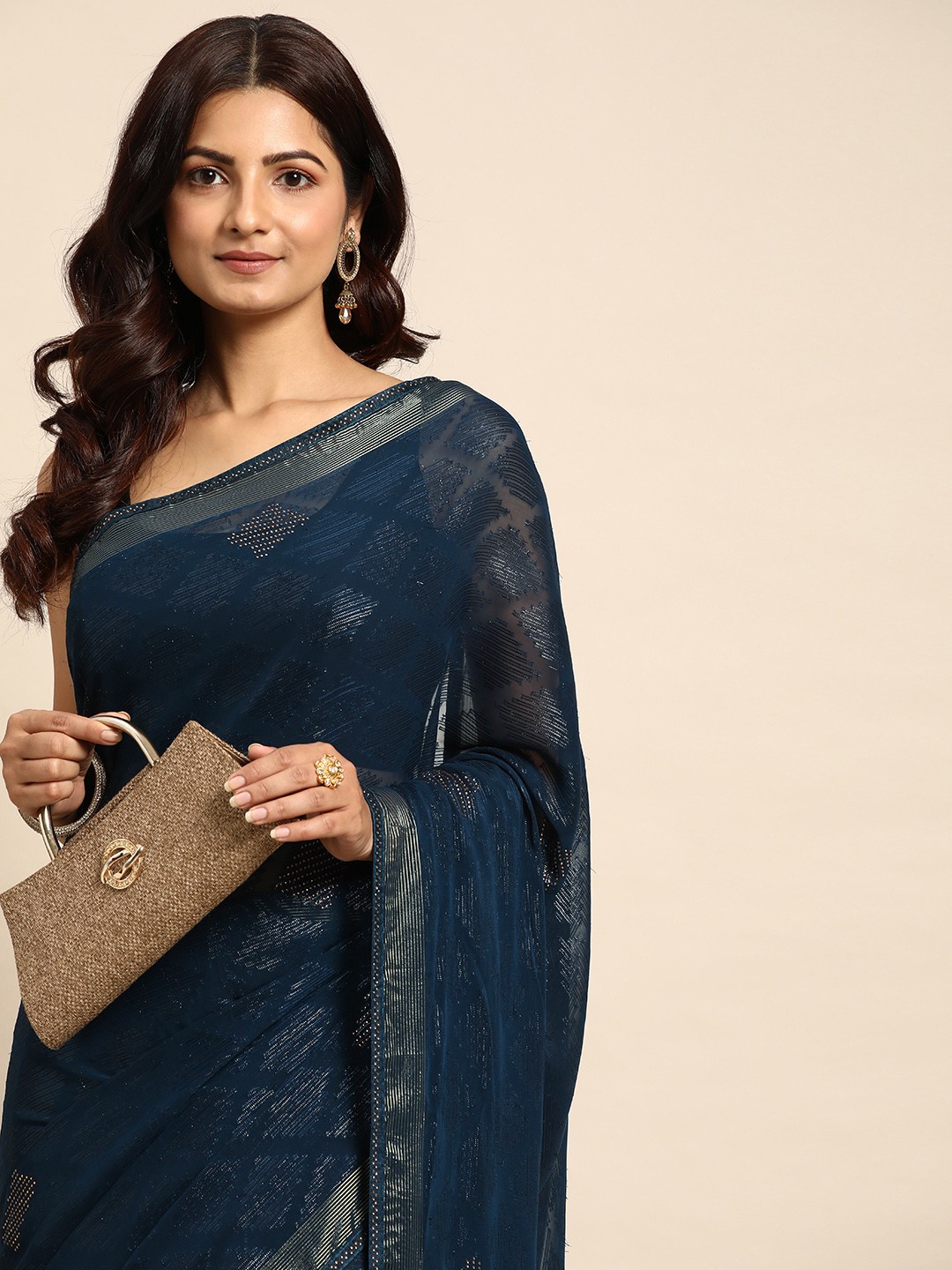 

HERE&NOW Embellished Beads & Stones Brasso Saree, Blue