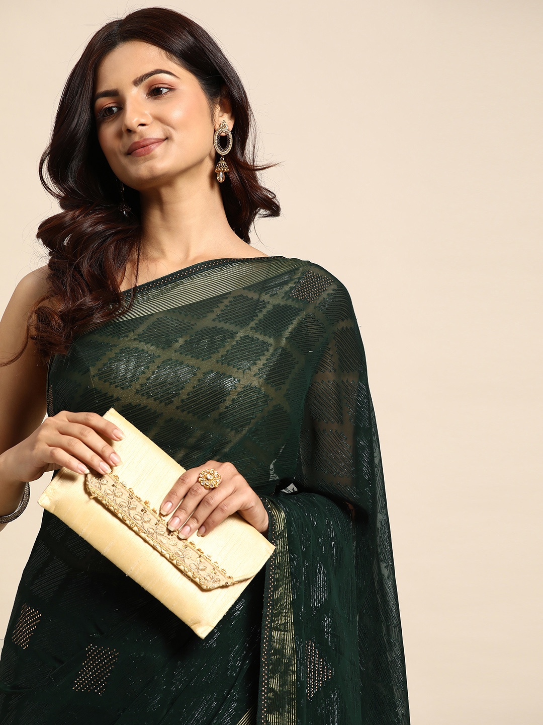 

HERE&NOW Embellished Beads & Stones Brasso Saree, Green