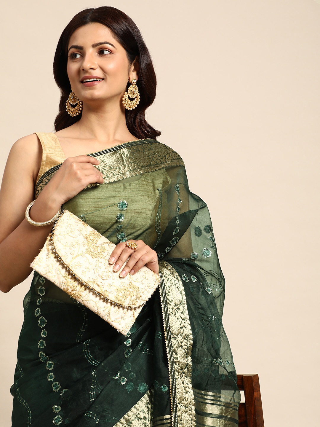

HERE&NOW Embellished Beads and Stones Organza Saree, Green