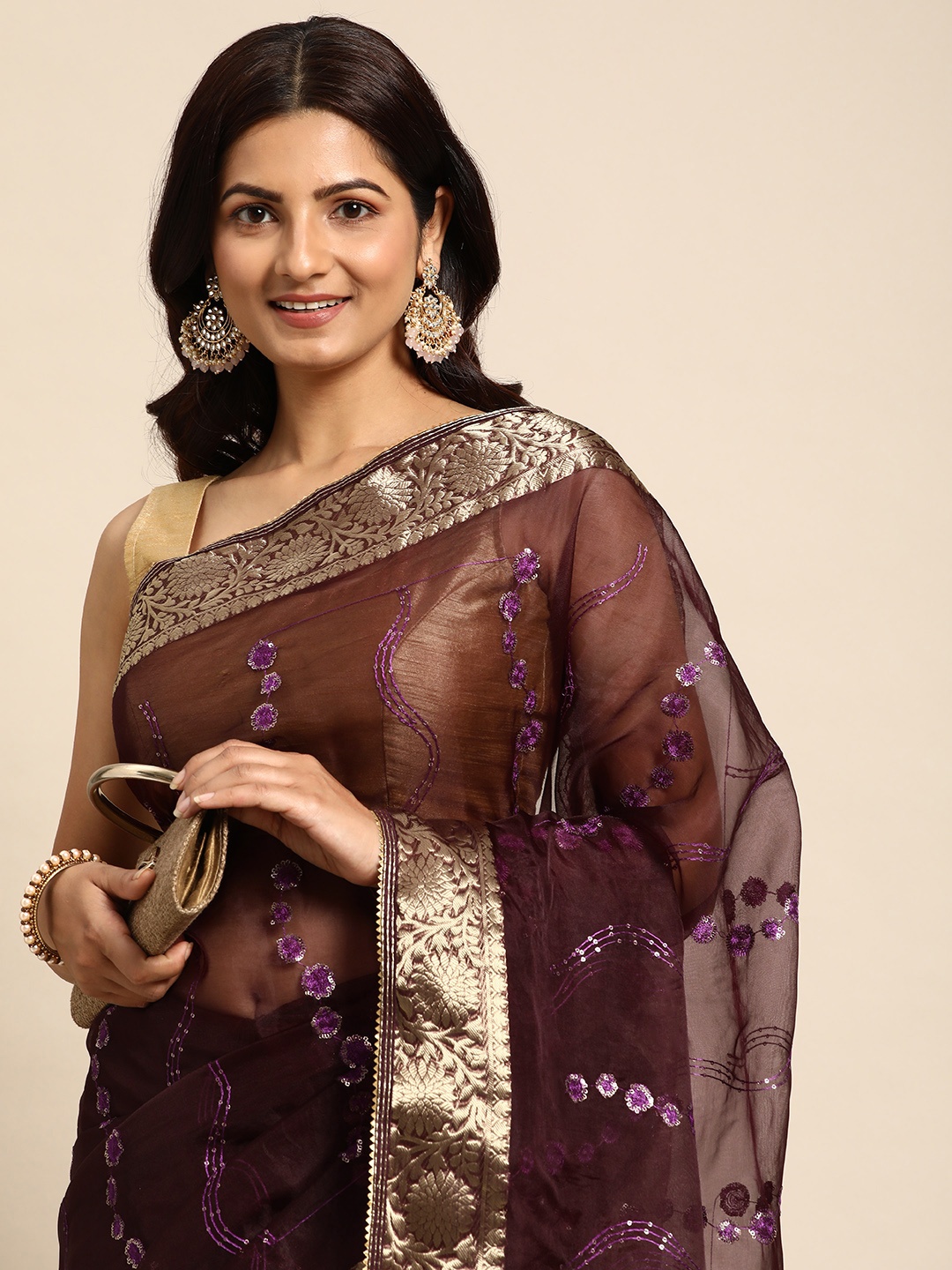 

HERE&NOW Embellished Sequinned Organza Saree, Purple