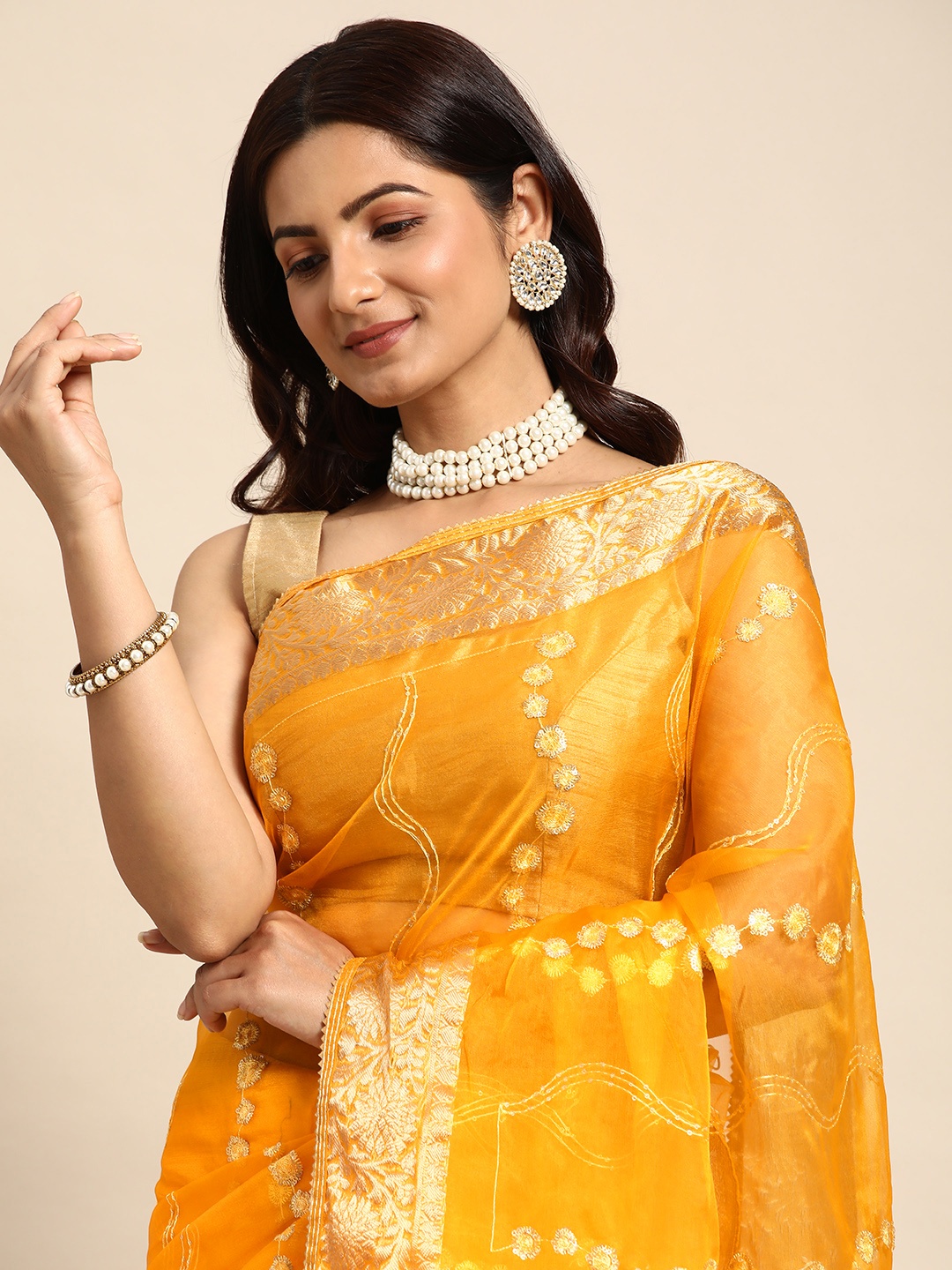 

HERE&NOW Woven Design Zari Organza Saree, Yellow