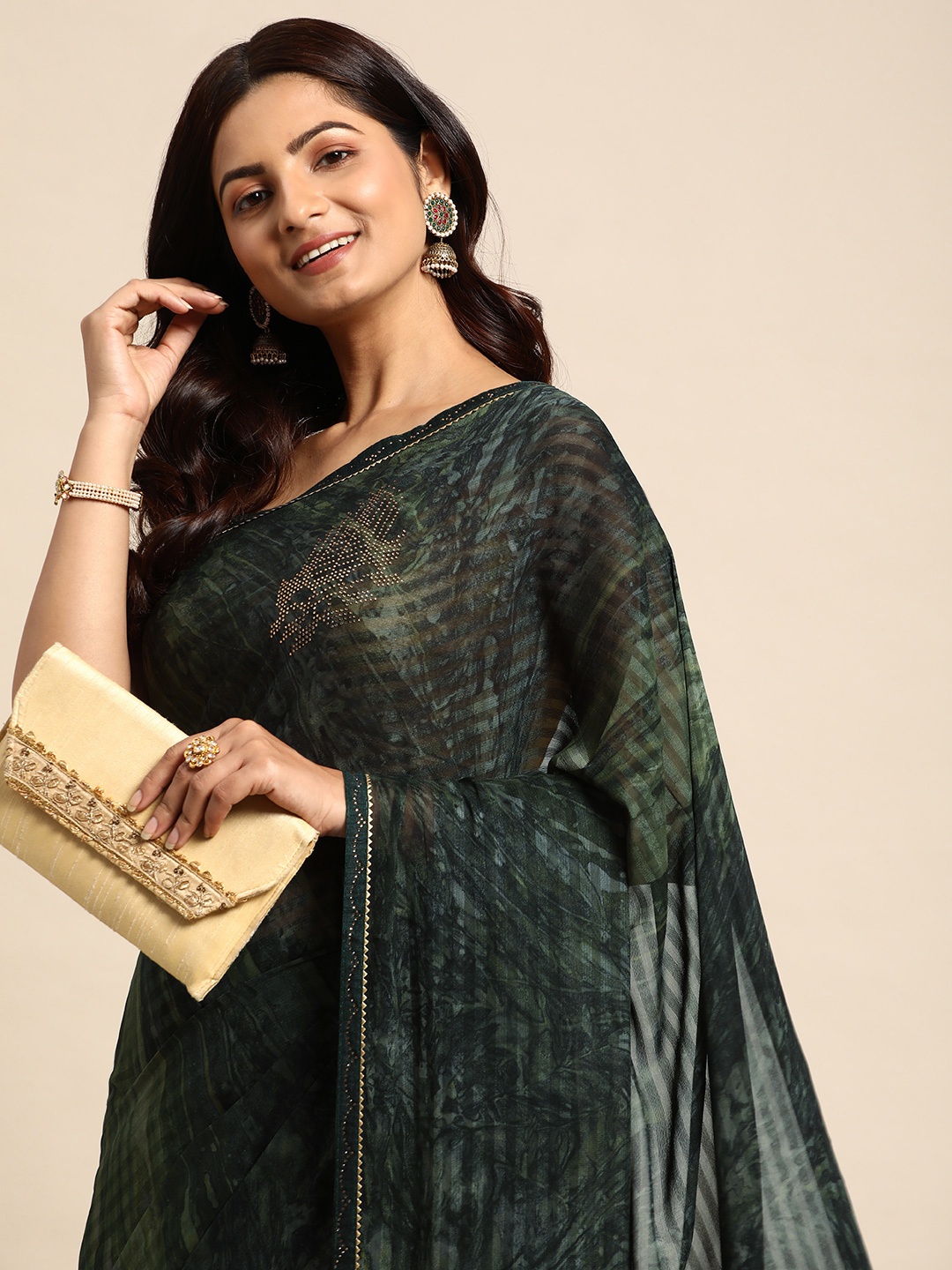 

HERE&NOW Striped Beads and Stones Art Silk Saree, Charcoal