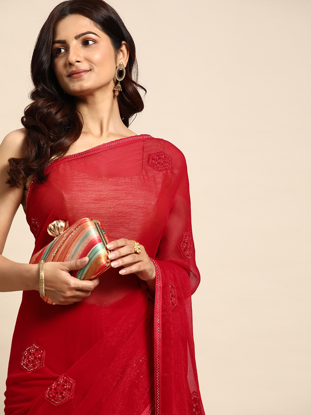 

HERE&NOW Embroidered Floral Sequinned Satin Saree, Red