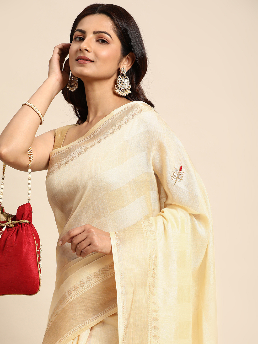 

HERE&NOW Striped Saree, Cream