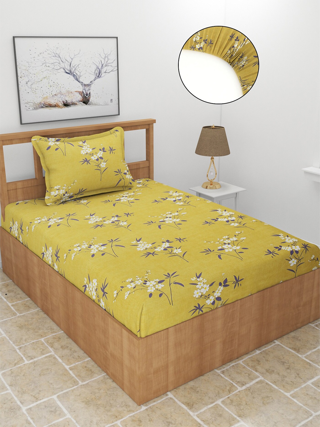 

MORADO Green Floral Printed 210 TC Fitted Single Bedsheet & 1 Pillow Cover