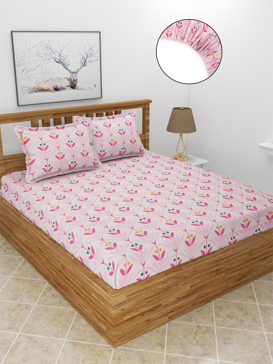 

MORADO Snow Pink & Yellow Floral Printed 210 TC Fitted Queen Bedsheet & Pillow Covers