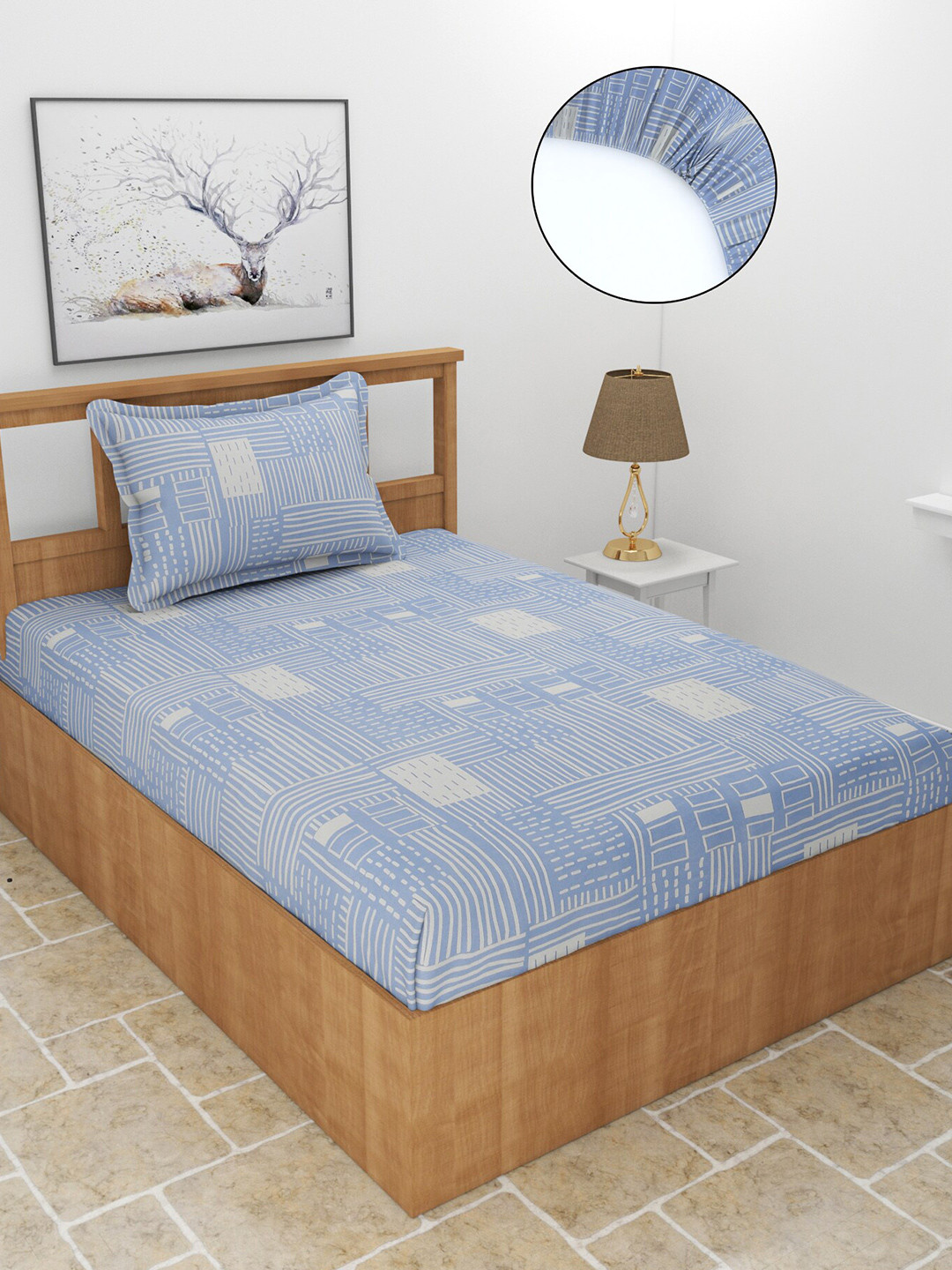 

MORADO Blue & White Geometric Printed 210 TC Fitted Single Bedsheet With 1 Pillow Cover