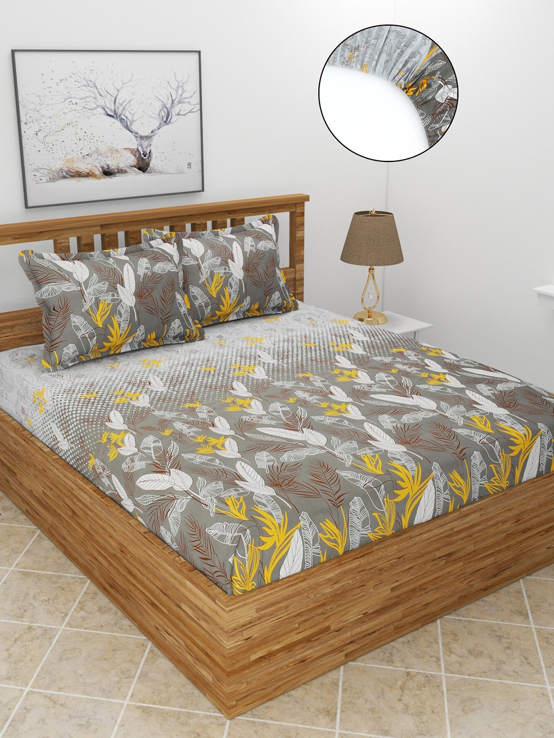 

MORADO Charcoal & Yellow Floral Printed 210 TC Fitted Queen Bedsheet With 2 Pillow Covers