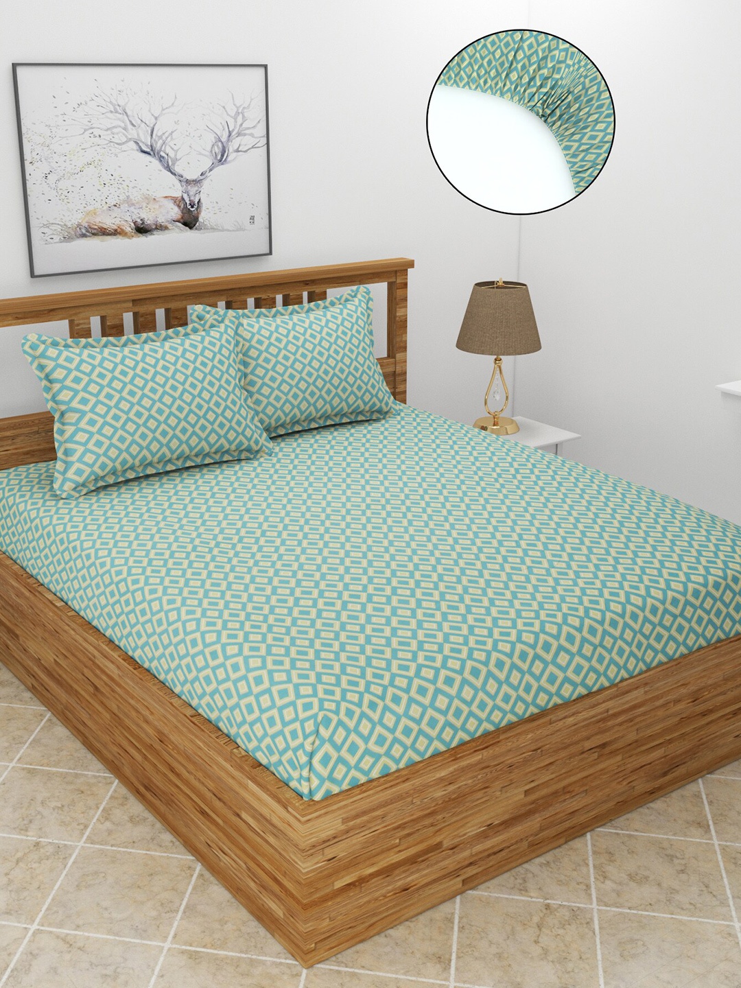 

MORADO Blue & Green Geometric 210 TC Fitted Queen Bedsheet With 2 Pillow Covers
